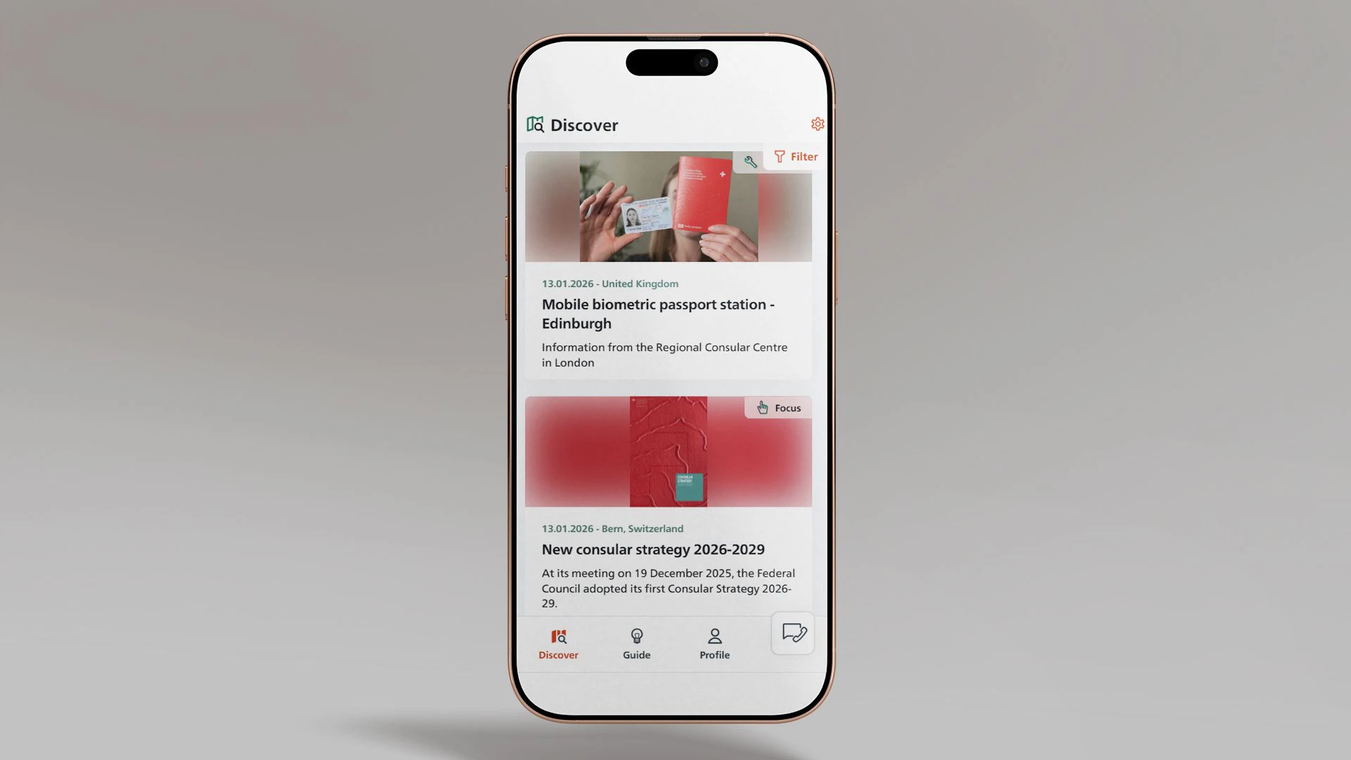 The image shows a smartphone showing the newsfeed of the SwissInTouch app, in which two posts are visible.